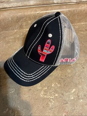 Ariat Black & White Trucker Hat with Colorful Cactus Patch